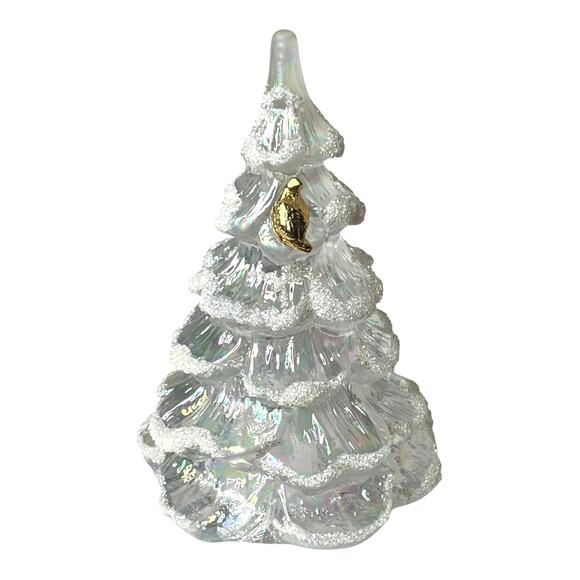 Fenton Glass TREE FIGURINE 4.25” Iridescent White Snow Flock Gold Partridge Bird - Picture 7 of 7